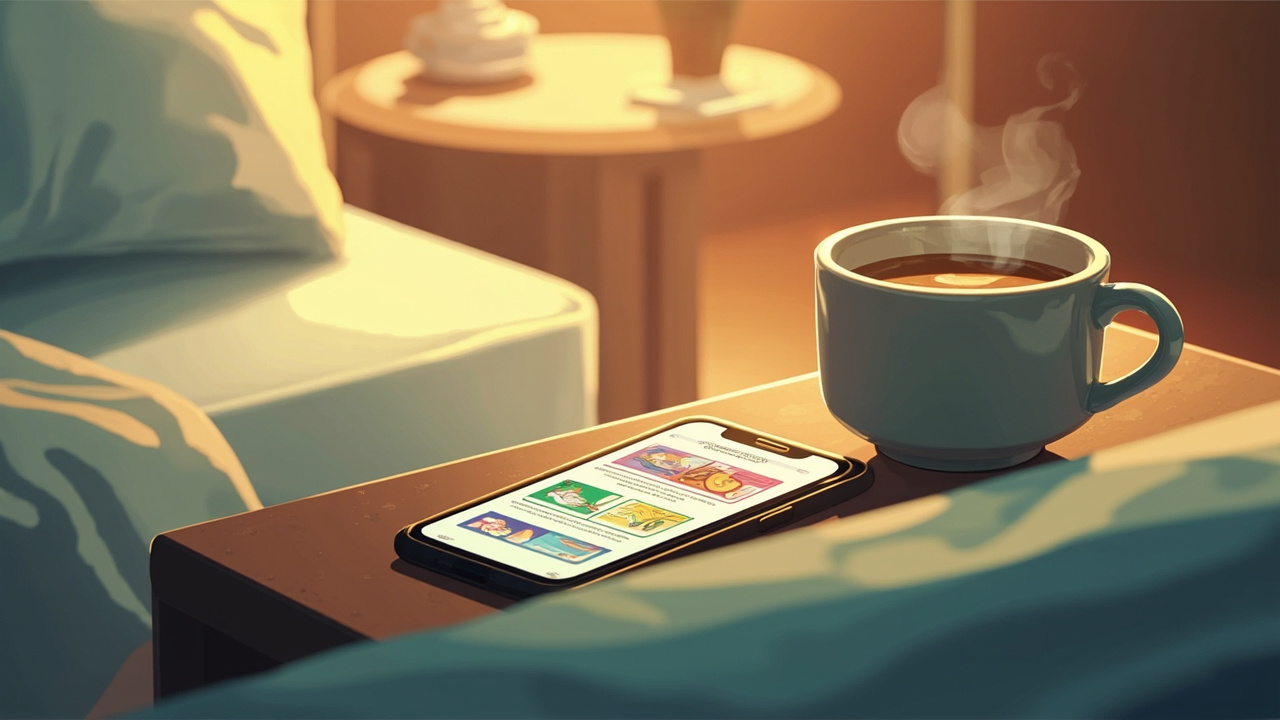 Imagen generada por IA con el prompt: A smartphone on a nightstand displays colorful AI-illustrated story cards next to a steaming coffee cup, soft morning light, cozy bedroom, flat digital illustration style.