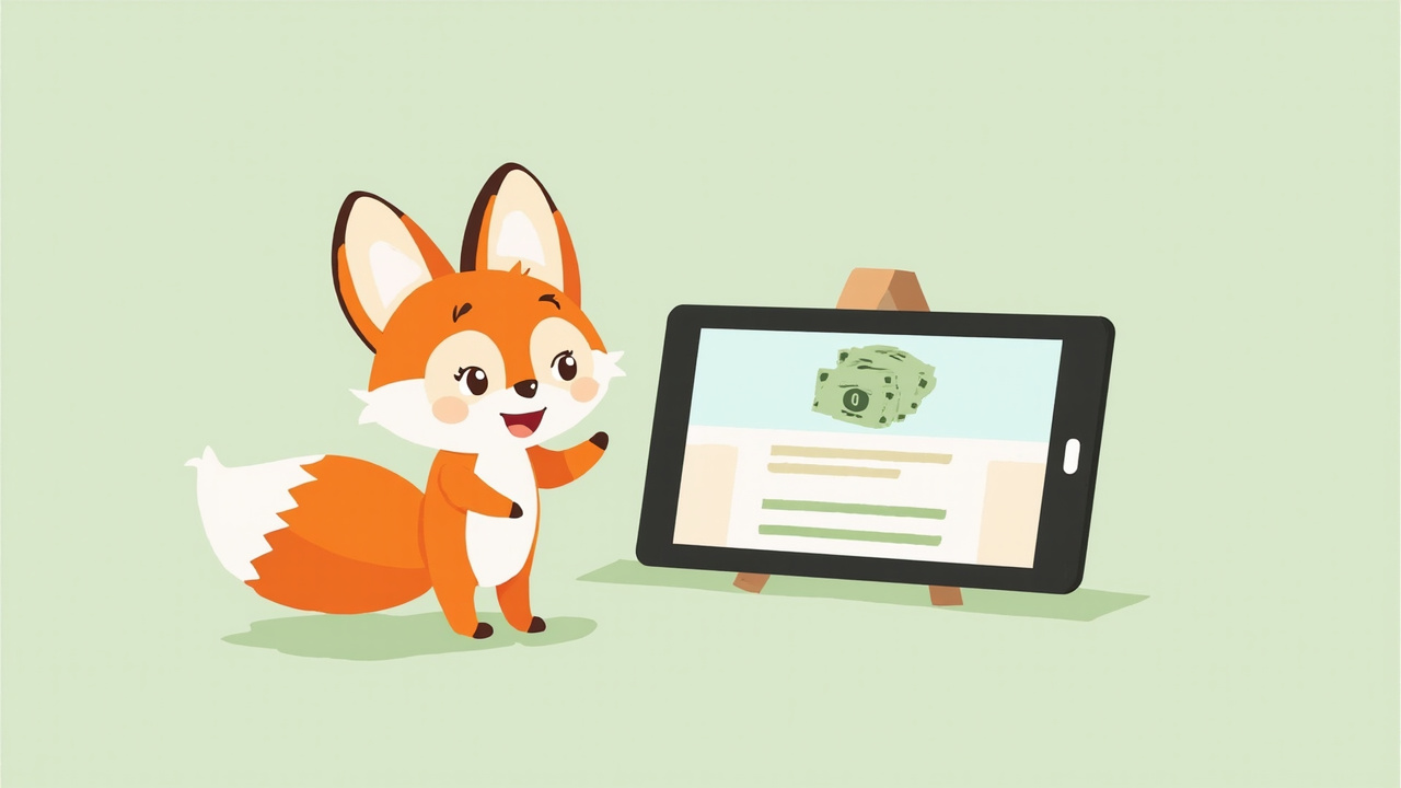 Imagen generada por IA con el prompt: Flat illustration of a cheerful cartoon fox guide standing beside a tablet displaying a money lesson, bright pastel colors, clean educational style, no text, no real faces.