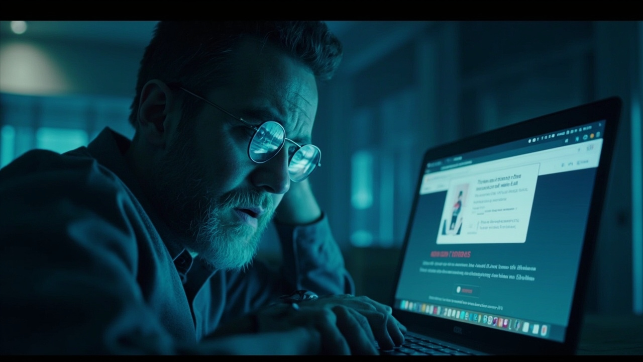Imagen generada por IA con el prompt: Frustrated developer at laptop with Chrome Web Store rejection notices on screen, muted blue tones, editorial illustration style, no faces or brand logos.