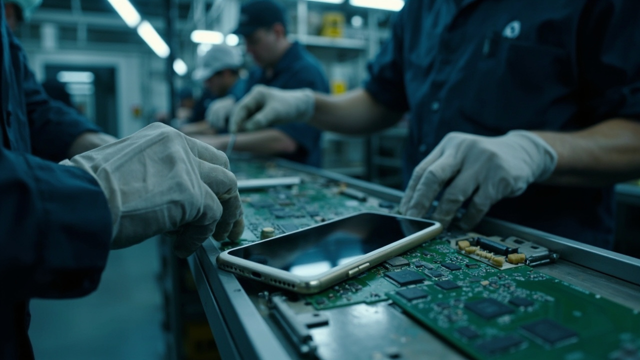 Imagen generada por IA con el prompt: Smartphone on a conveyor belt in a high-tech factory, workers' gloved hands assembling circuit board components. Industrial setting, editorial illustration, blue-gray tones, no faces or logos.