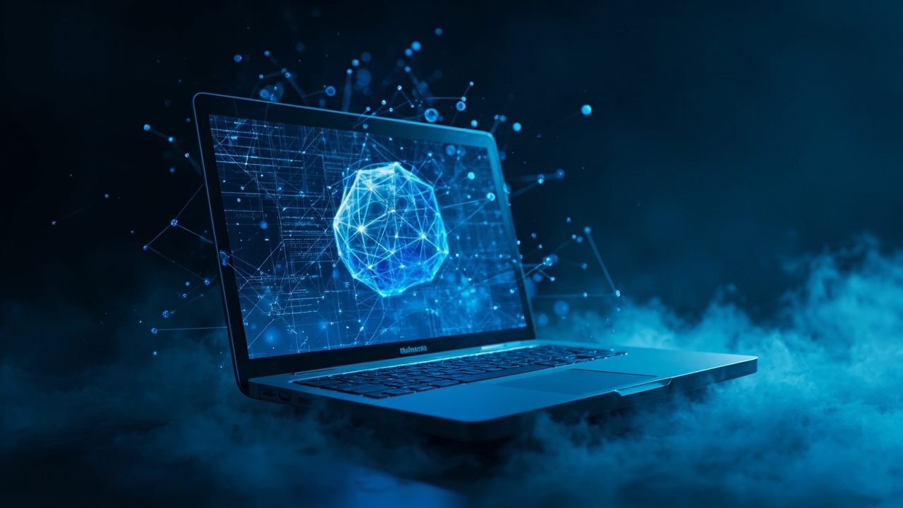 Imagen generada por IA con el prompt: Stylized laptop with glowing neural network visualization on screen, floating geometric data particles around it, modern editorial illustration, dark blue and cyan gradient background