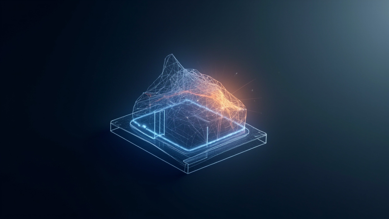 Imagen generada por IA con el prompt: Editorial illustration of a 3D wireframe CAD model on a dark gradient background, a glowing AI neural network mesh merging into the geometry, soft blue and orange accents, isometric view, clean technical style