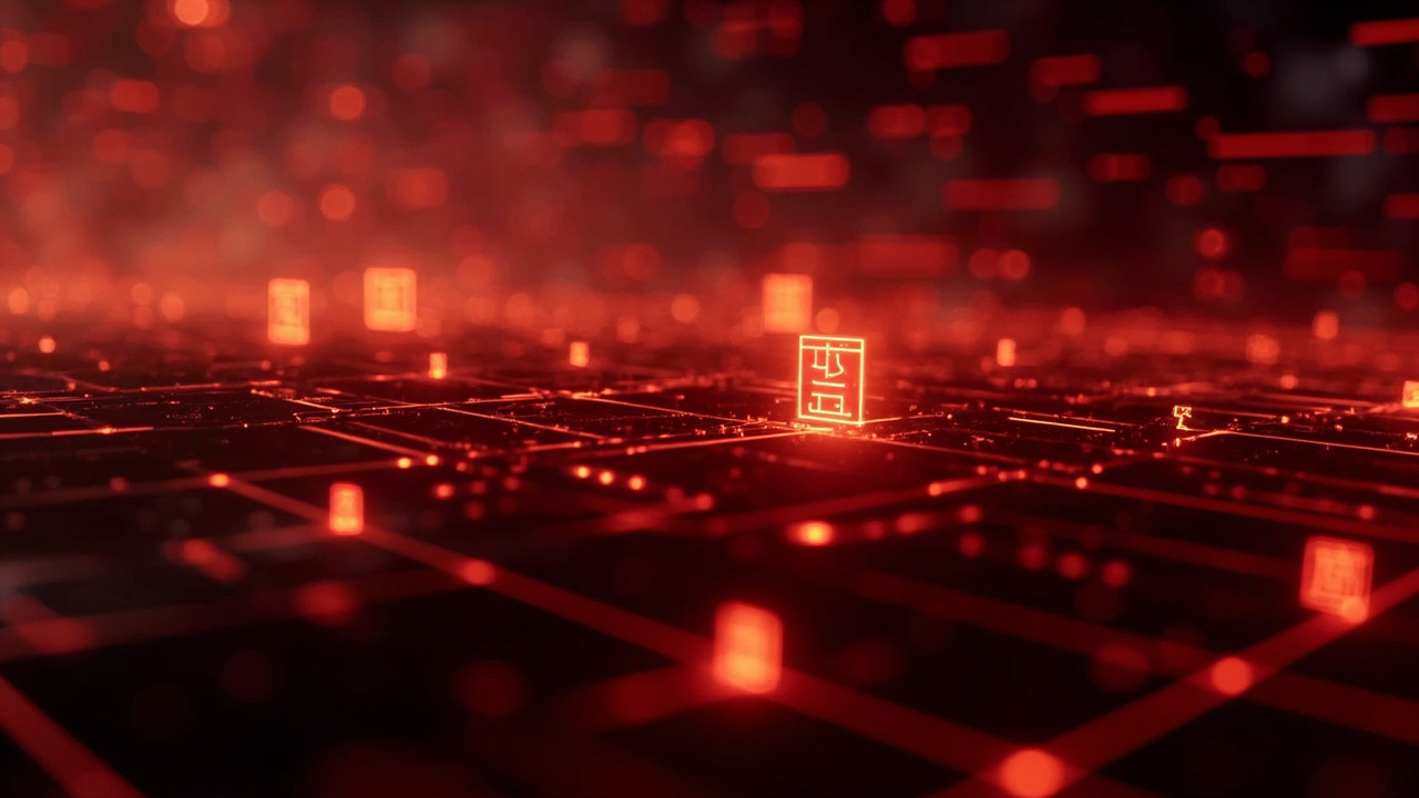 Imagen generada por IA con el prompt: Editorial illustration of internet censorship: a glowing red and gold digital network with Chinese characters flowing through surveillance nodes, dark cybersecurity aesthetic, dramatic cinematic lighting