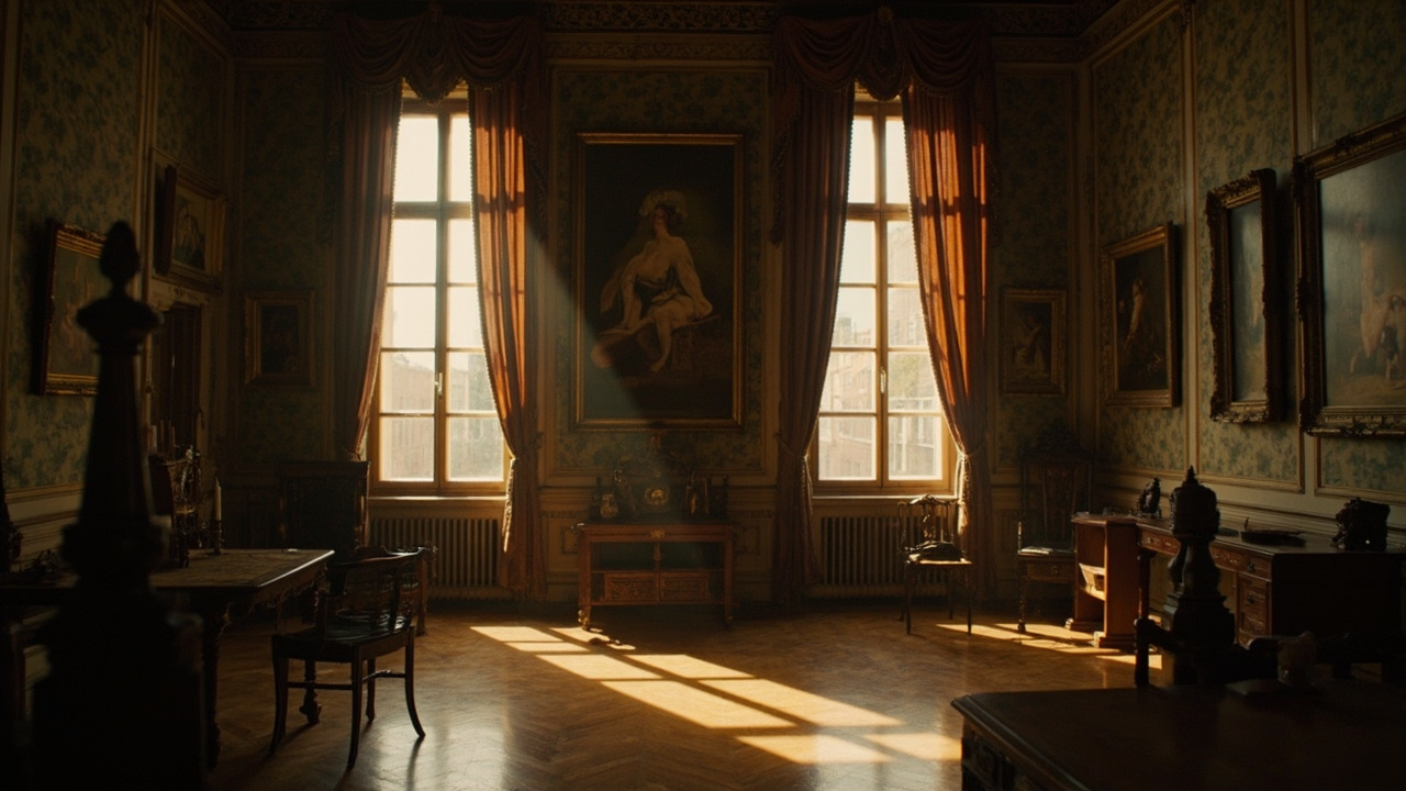 Imagen generada por IA con el prompt: Elegant 18th century Frankfurt bourgeois interior, warm afternoon light, framed artworks, mahogany furniture, quiet museum atmosphere, oil painting style