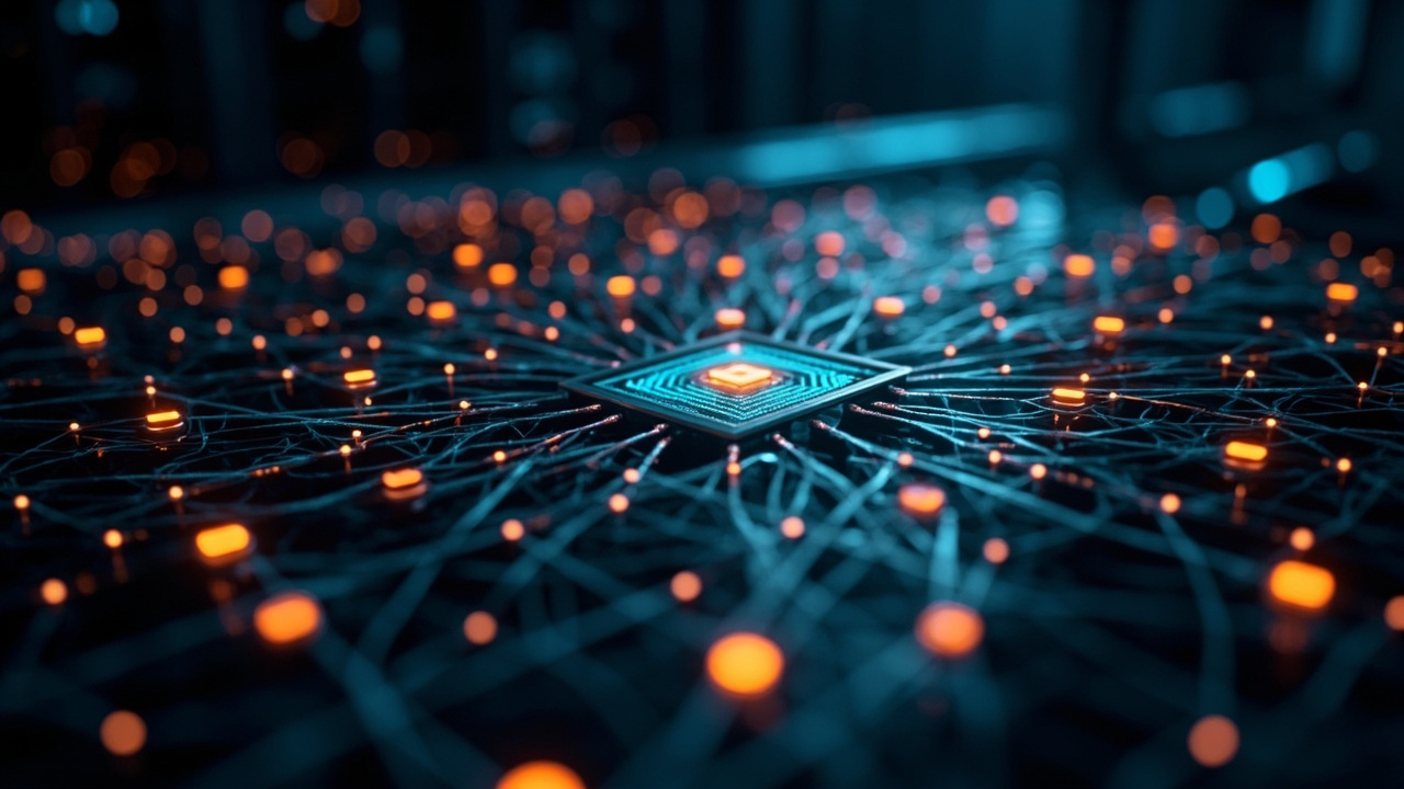 Imagen generada por IA con el prompt: Abstract digital illustration of a network of consumer threads (represented as glowing nodes) connected to a central broker server, with arrows indicating parallel data flow, in a dark server room with blue and orange li