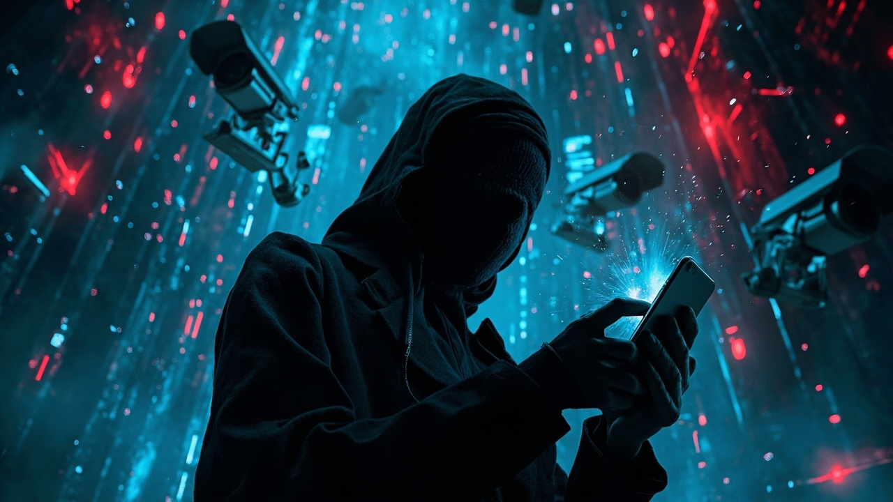 Imagen generada por IA con el prompt: Digital illustration of a faceless silhouette holding a glowing smartphone, surrounded by surveillance cameras and tangled data streams, dark blue and crimson tones, dystopian editorial style