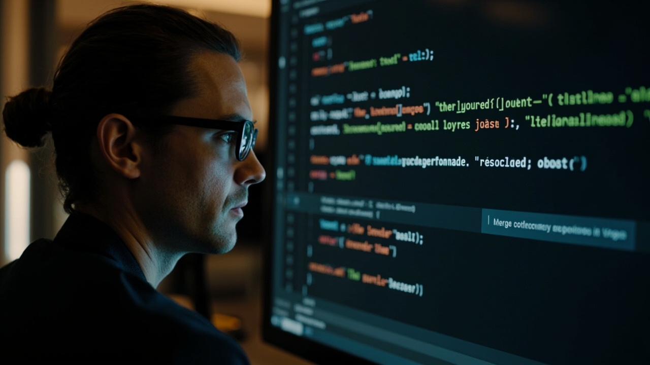 Imagen generada por IA con el prompt: A developer working on a computer terminal, showing a merge conflict resolved automatically with a 'Recorded resolution' message, warm lighting, professional editing style.