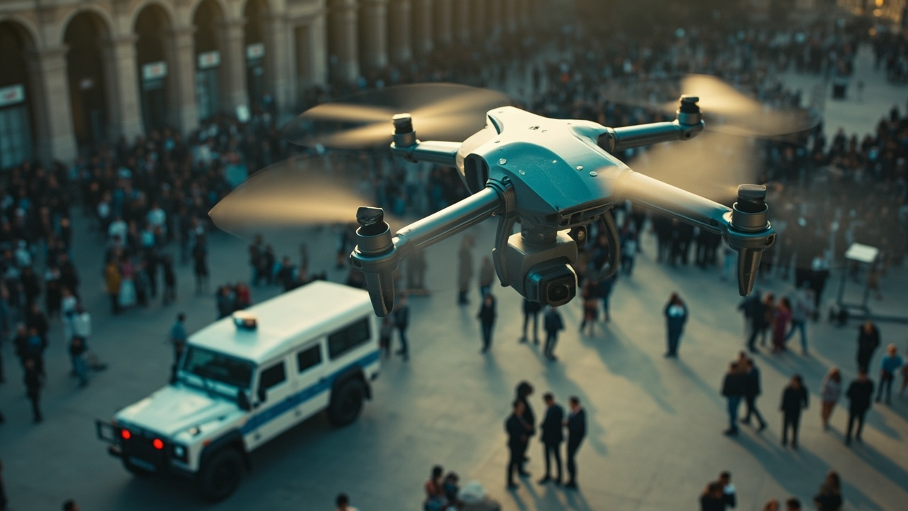 Imagen generada por IA con el prompt: Police drones hovering over a crowded Madrid plaza, security barriers and a white armored SUV, editorial photojournalism style, daylight