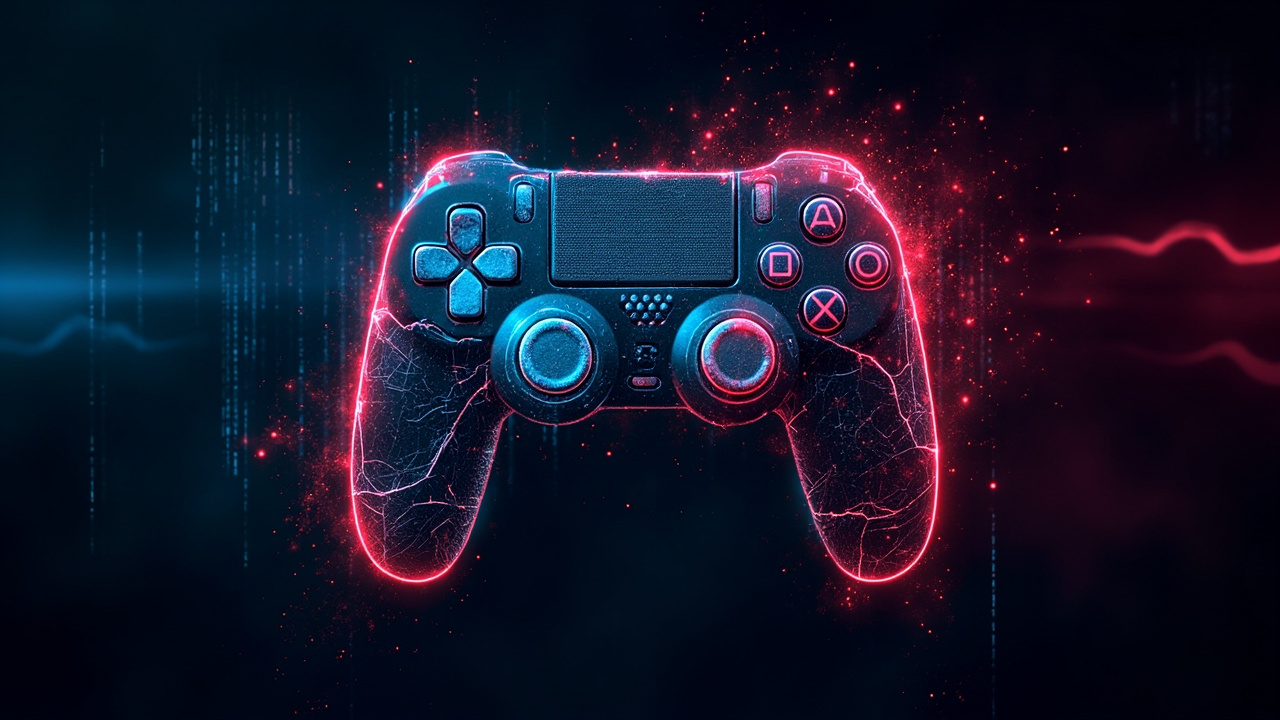 Imagen generada por IA con el prompt: Dark stylized editorial illustration of a cracked video game controller with exposed glowing circuits and binary code, glitch effect, dark blue and neon red palette, no text