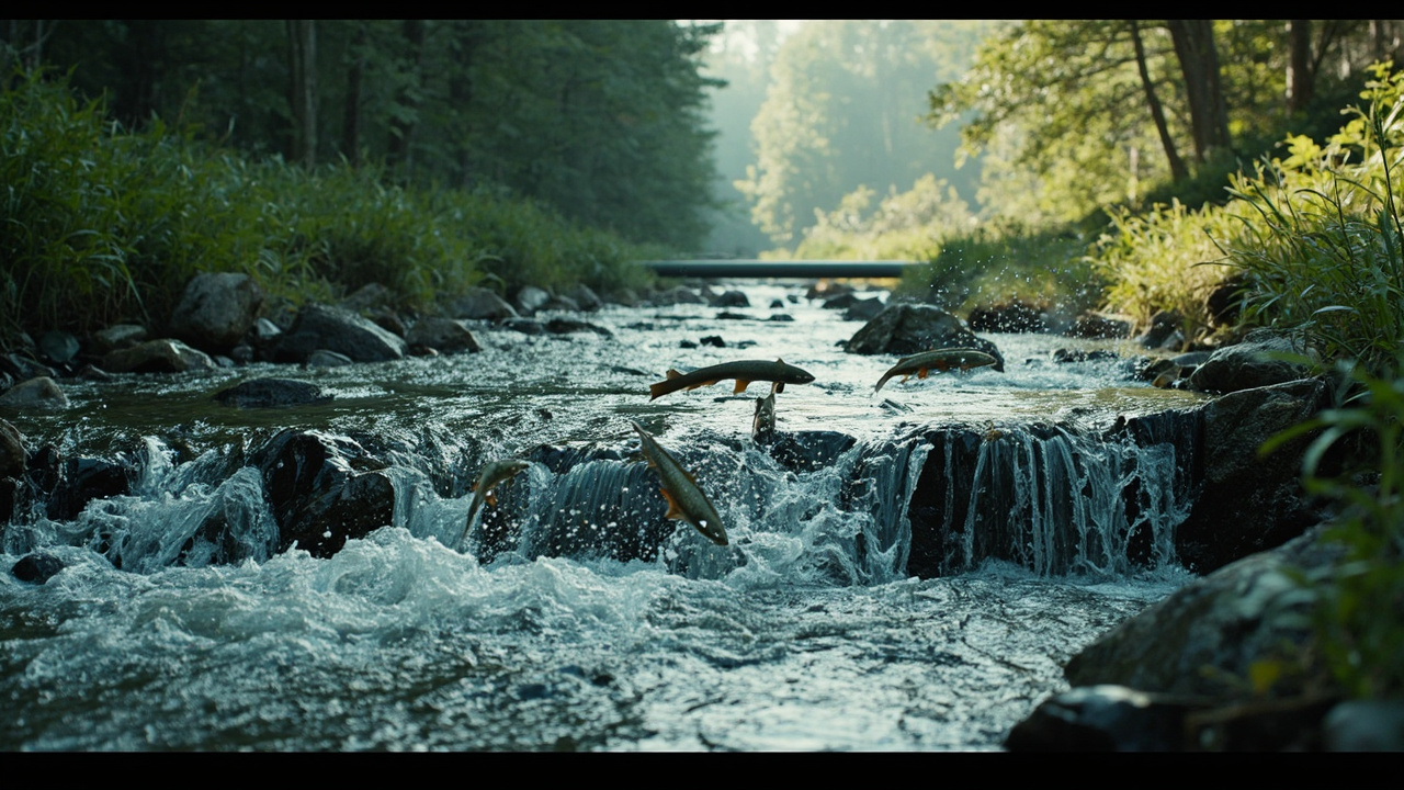 Imagen generada por IA con el prompt: Editorial illustration of a restored creek with clear water, fish jumping over a rocky riffle, green banks, and a removed pipeline section, no people, no text.