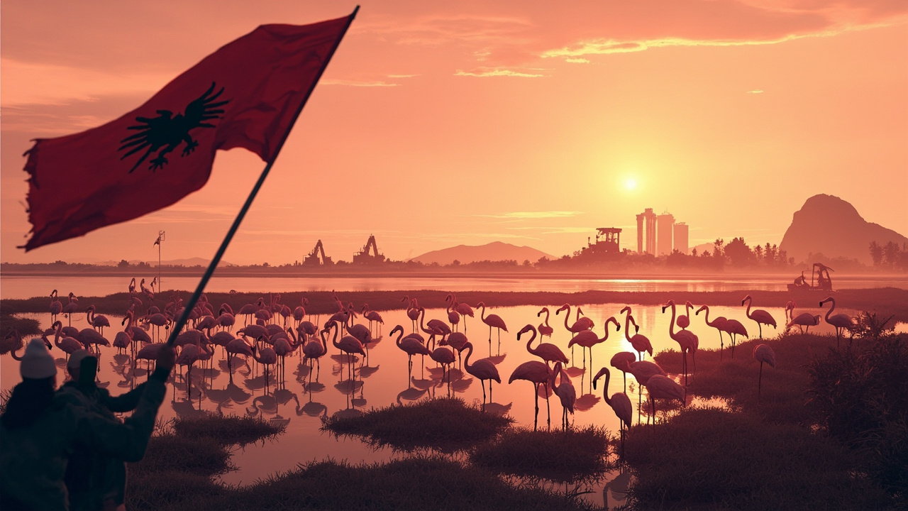 Imagen generada por IA con el prompt: Editorial illustration of an Albanian coastal wetland with pink flamingos at sunset, with bulldozers and a luxury resort silhouette on the horizon, protest banners waving in the foreground, muted cinematic palette