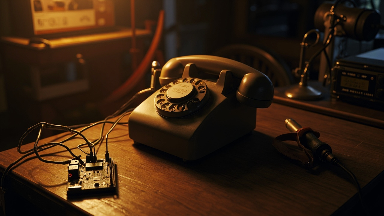 Imagen generada por IA con el prompt: Vintage rotary phone on a wooden desk with a Raspberry Pi and tangled wires, a soldering iron beside it, warm workshop lighting, editorial tech illustration style