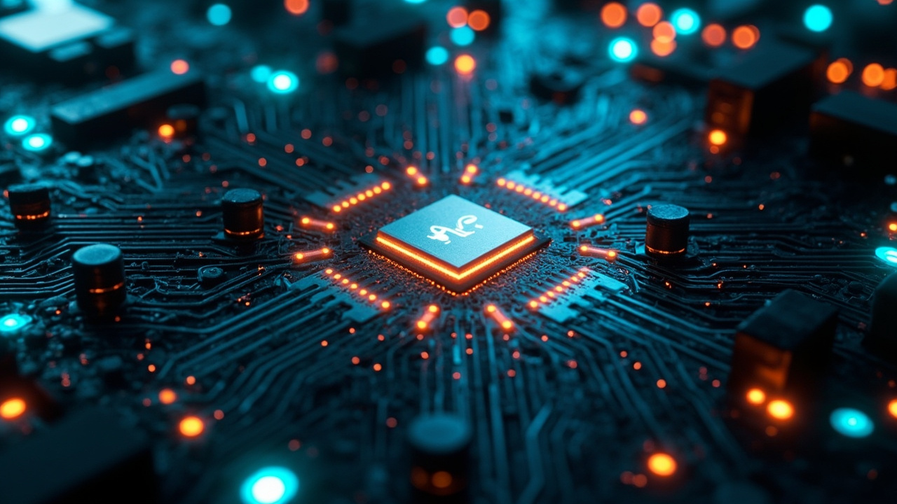 Imagen generada por IA con el prompt: A bird's-eye view of a futuristic semiconductor fabrication facility, glowing blue and orange lights, intricate chip patterns, abstract representation of AI compute, no text, no logos, photorealistic style.