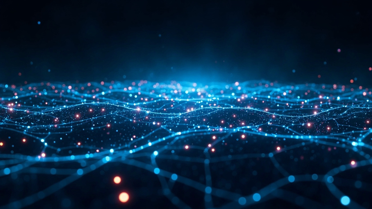 Imagen generada por IA con el prompt: Abstract editorial illustration of a glowing neural network mesh with streams of code symbols and color-coded data blocks flowing into a vast digital horizon, deep navy and electric blue palette, futuristic but minimal
