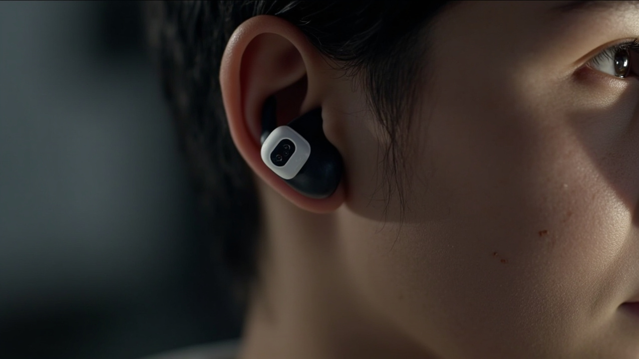 Imagen generada por IA con el prompt: Side view of open earbuds clipped behind an ear, modern minimal design, acoustic drivers projecting sound waves, sleek dark and white color scheme, no visible logos or faces, soft lighting.