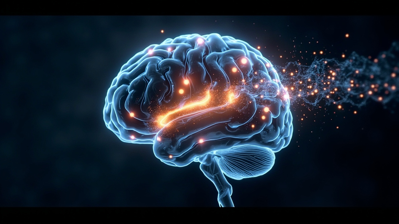 Imagen generada por IA con el prompt: Brain illustration with glowing energy pathways and creatine molecular structures, symbolizing increased brain energy and slower cognitive decline. No text or recognizable faces. Medical-scientific style.
