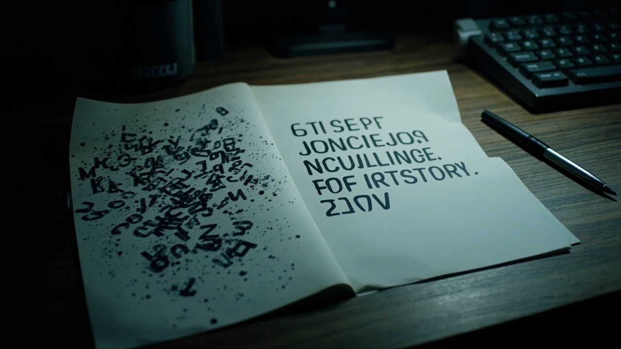 Imagen generada por IA con el prompt: A variable font specimen sheet on a dark desk, distorted letterforms scattering into noise on the left and assembling into clean legible text on the right, with a small mechanical keyboard nearby