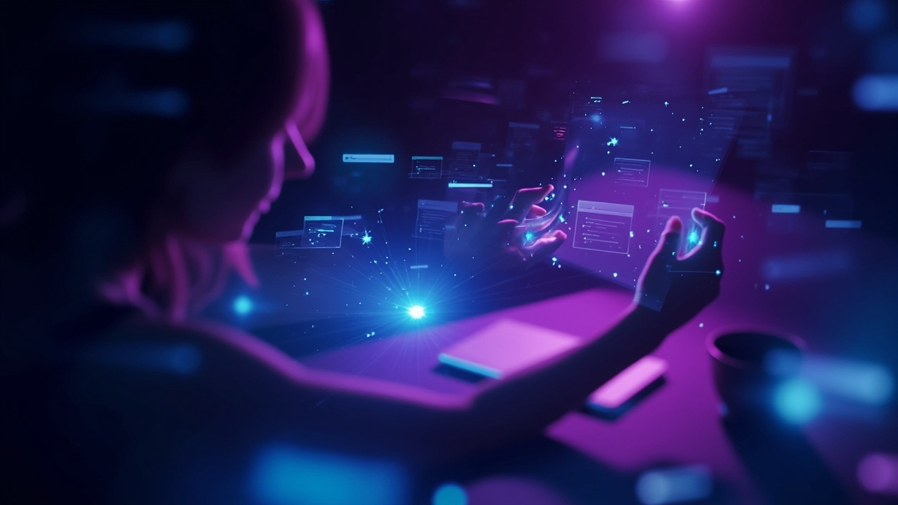 Imagen generada por IA con el prompt: Editorial illustration of a glowing holographic AI assistant organizing floating digital task cards above a desk, soft purple and blue neon tones, modern minimal style, dark background