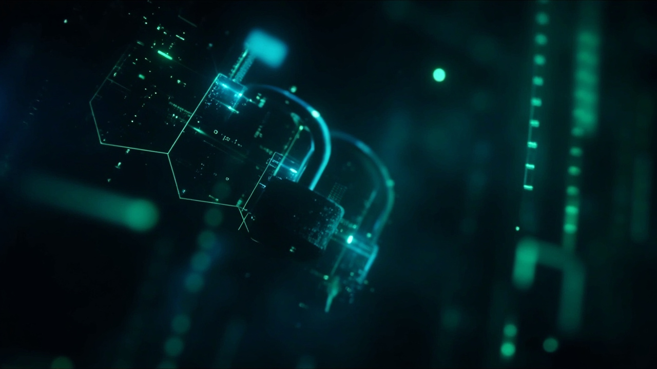 Imagen generada por IA con el prompt: Abstract visualization of glowing cryptographic lock mechanisms and hexagonal hash patterns floating in a dark digital void, with neon blue and green circuit lines, minimalist editorial style, no text