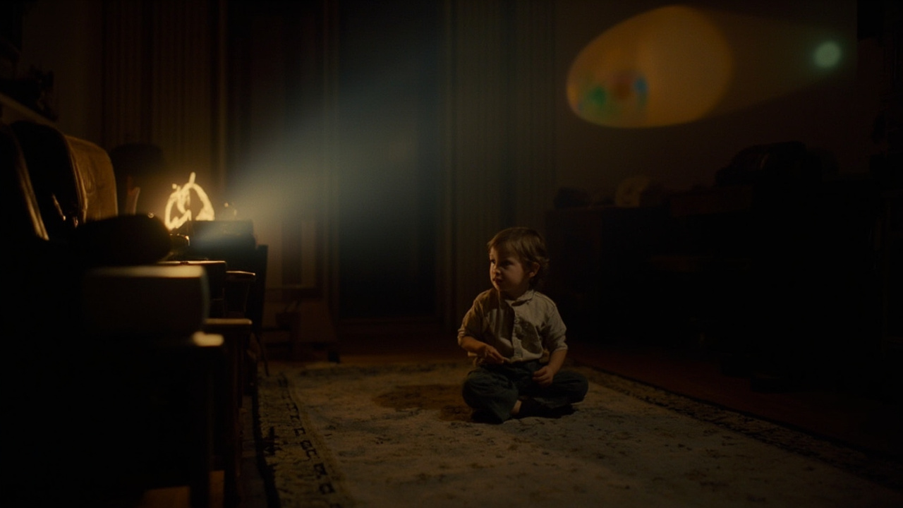 Imagen generada por IA con el prompt: A child sitting on a rug in a dim 1960s living room, softly lit by a Kodak slide projector, warm light spilling on the wall, vintage atmosphere, nostalgic mood, no faces visible.
