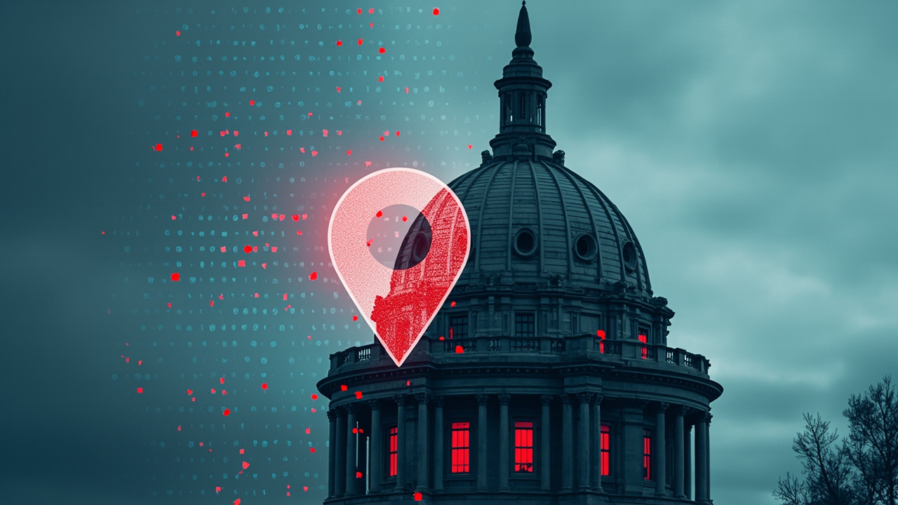 Imagen generada por IA con el prompt: Editorial illustration of the Massachusetts statehouse dome overlaid with a translucent map pin and binary code, muted blue and red tones, clean modern vector style, no logos or faces