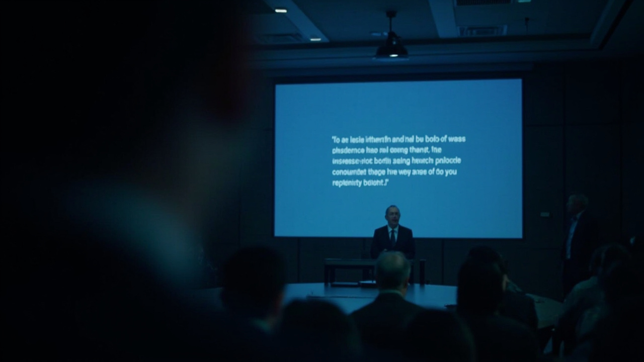 Imagen generada por IA con el prompt: Generic financial disclaimer slide in a corporate boardroom, dark blue background, small white legal text, blurred presenter in the foreground, editorial illustration style