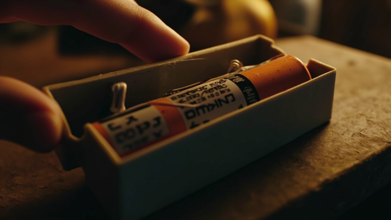 Imagen generada por IA con el prompt: 3D-printed plastic battery case opened on a workbench showing two NiMH AA cells, a small NTC sensor with thin wires, and a bent paperclip connector, warm workshop lighting