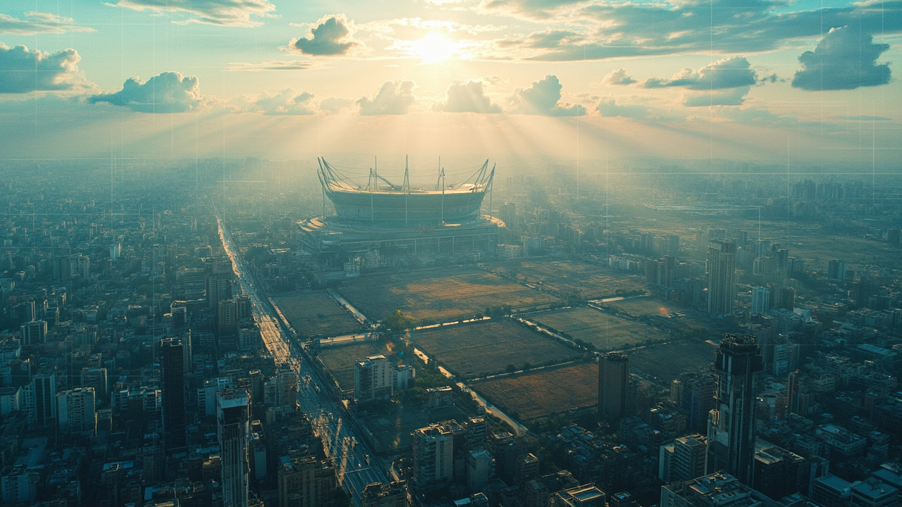 Imagen generada por IA con el prompt: Aerial editorial illustration of Madrid cityscape featuring Santiago Bernabéu stadium, vast empty lots of Valdebebas and urban construction sites, with translucent architectural blueprints overlay, muted blue and gold to