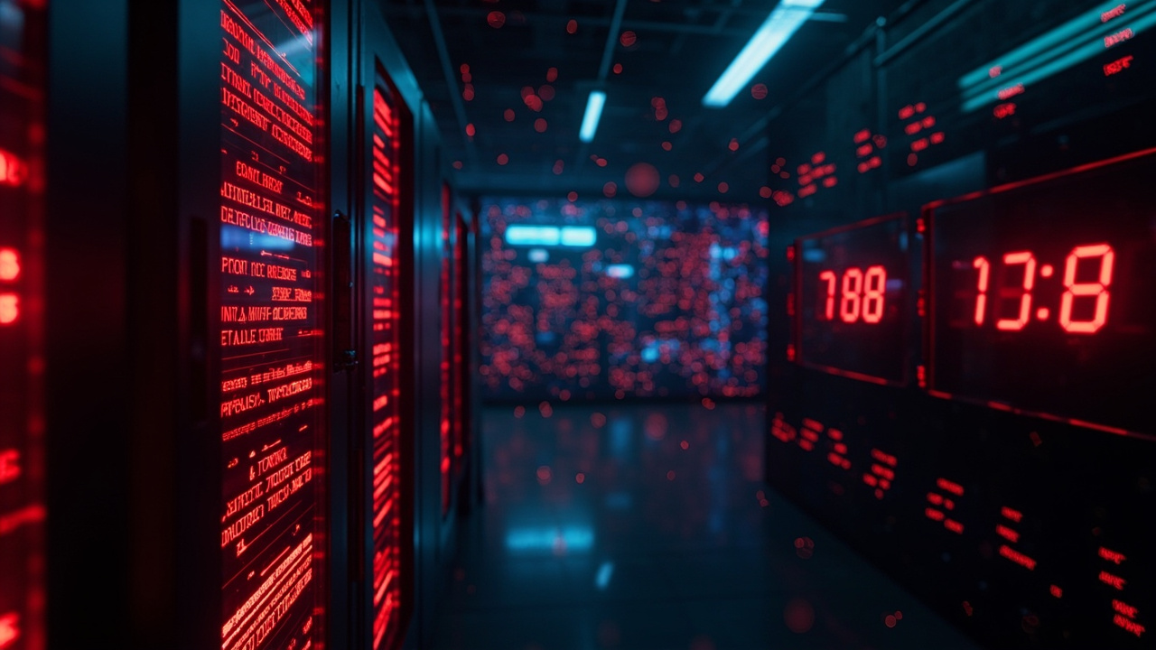 Imagen generada por IA con el prompt: Stylized government server room with glowing red warning panels, a digital countdown clock showing 72 hours, and abstract AI code streams in the background, cool blue and red tones, editorial cybersecurity illustration