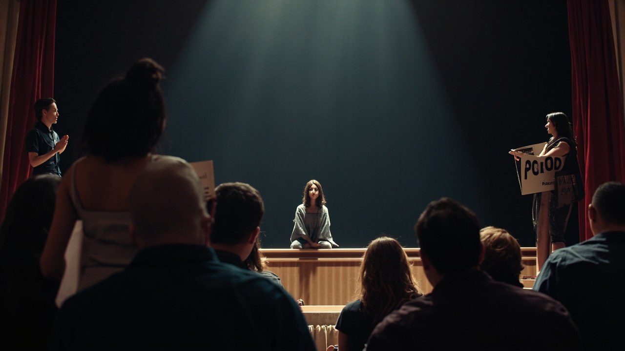 Imagen generada por IA con el prompt: Editorial illustration: a woman sits silently on stage while two people talk on either side, an audience applauds standing, with legal papers and a silent protest sign, mood of censorship, no recognizable faces.