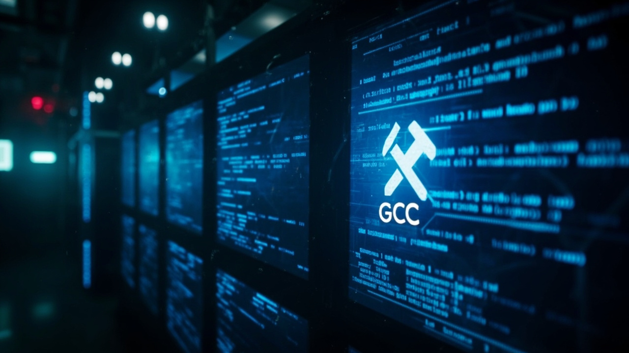 Imagen generada por IA con el prompt: Editorial illustration of a server room with glowing blue code on screens, a hammer and chisel emblem representing GCC forging code, abstract network packets flowing, dark tech aesthetic