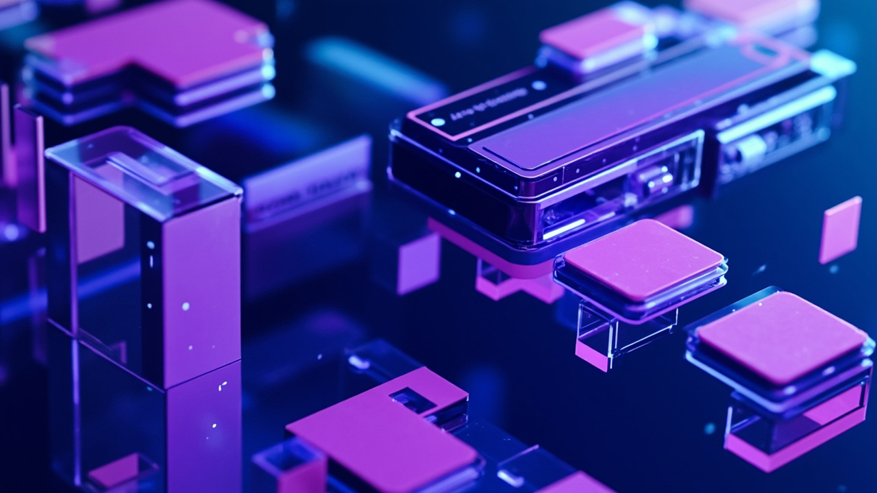 Imagen generada por IA con el prompt: Abstract editorial illustration of floating UI components: rounded rectangles, text fields, buttons, and a flexbox grid layout, with subtle code fragments and neon blue-purple accents suggesting GPU rendering. Clean, mod