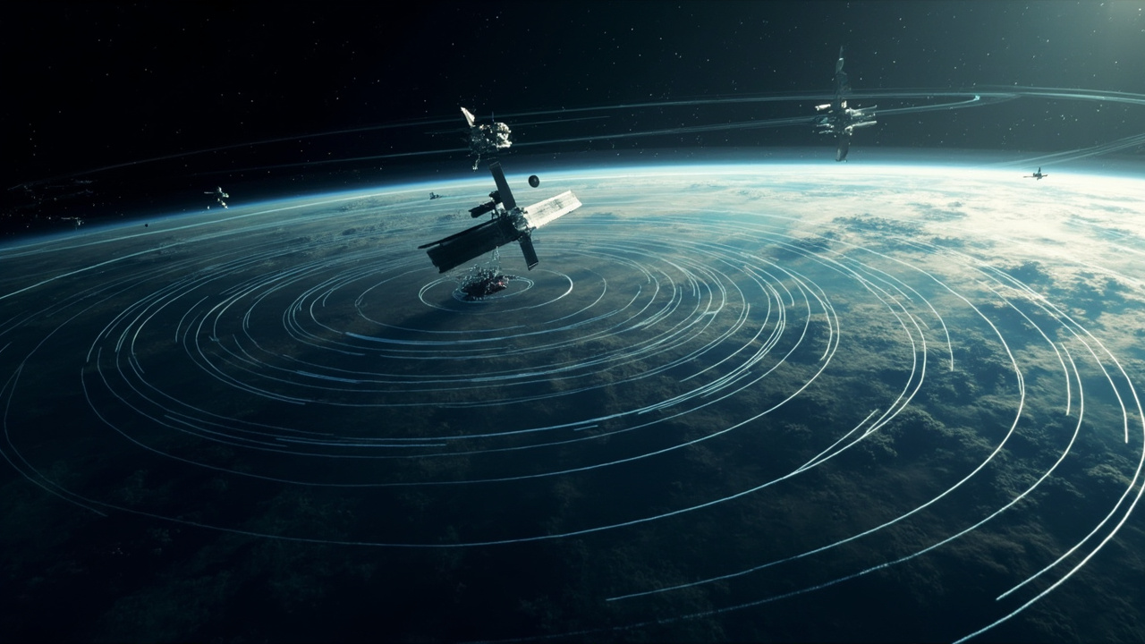 Imagen generada por IA con el prompt: Editorial illustration of several satellites tracing elliptical Molniya orbits high above Earth, with concentric signal interference waves radiating toward the northern hemisphere, technical and scientific style, no text
