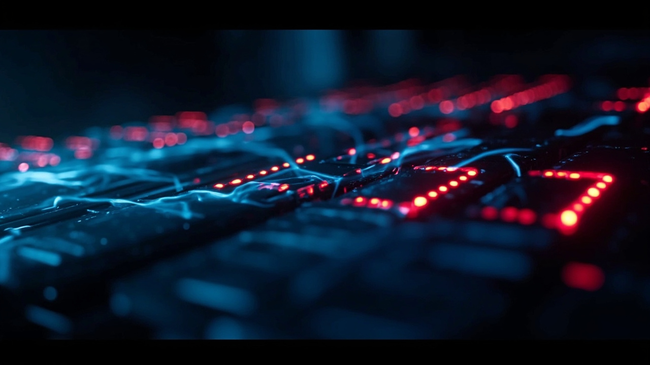 Imagen generada por IA con el prompt: Abstract visualization of compressed data packets multiplying inside glowing server memory, blue and red light streaks, dark cyber security aesthetic, no text or logos