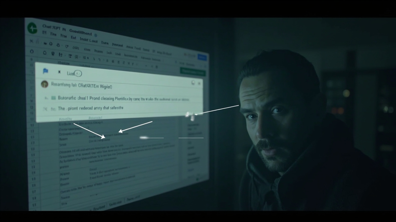 Imagen generada por IA con el prompt: A computer screen showing a Google Sheets spreadsheet with hidden white text prompt injection. A ChatGPT sidebar is open. Arrows indicate data flowing from the sheet to an external server. Minimalist style, no faces.