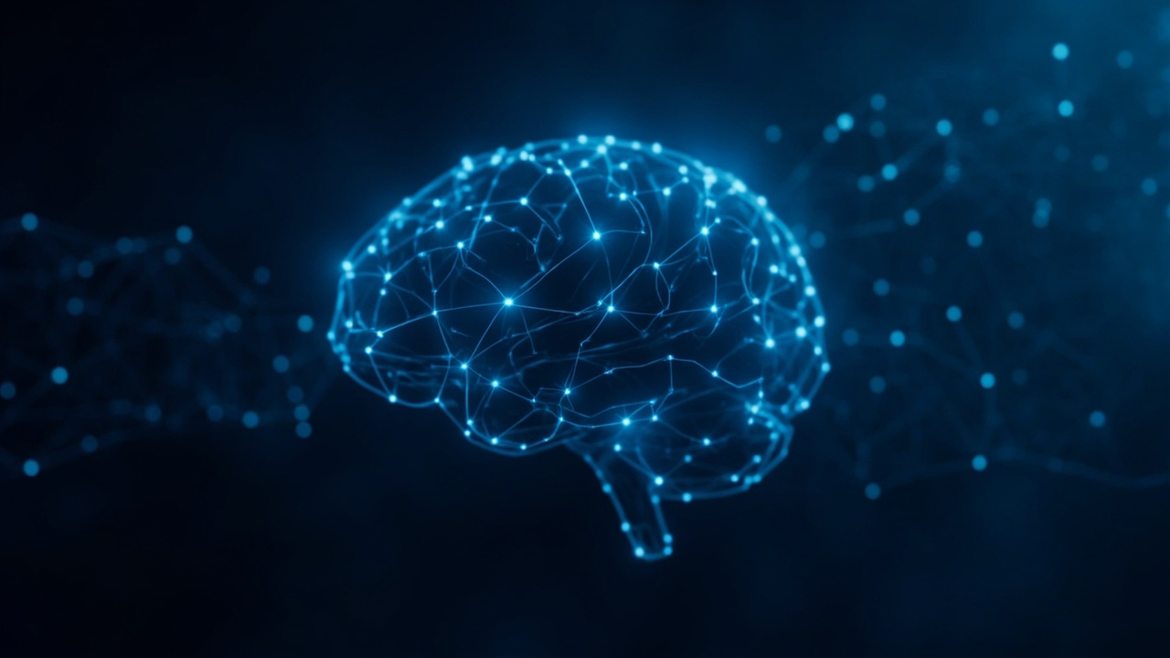 Imagen generada por IA con el prompt: Abstract digital brain with interconnected nodes forming a knowledge graph, dark blue background, glowing data nodes connected by luminous lines, minimal futuristic tech aesthetic, no text