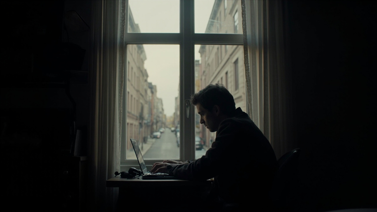 Imagen generada por IA con el prompt: Solitary person working at home desk beside a large window, empty quiet street outside, soft natural light, muted editorial palette, contemplative lonely atmosphere