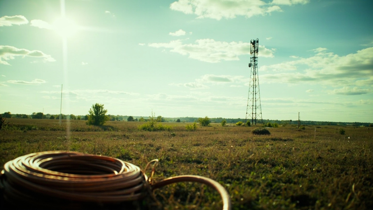 Imagen generada por IA con el prompt: A tall FM broadcast transmission tower standing in a rural Ohio Valley landscape, with cut copper cable coiled on the ground below, bright daylight, no people, editorial photojournalism style.