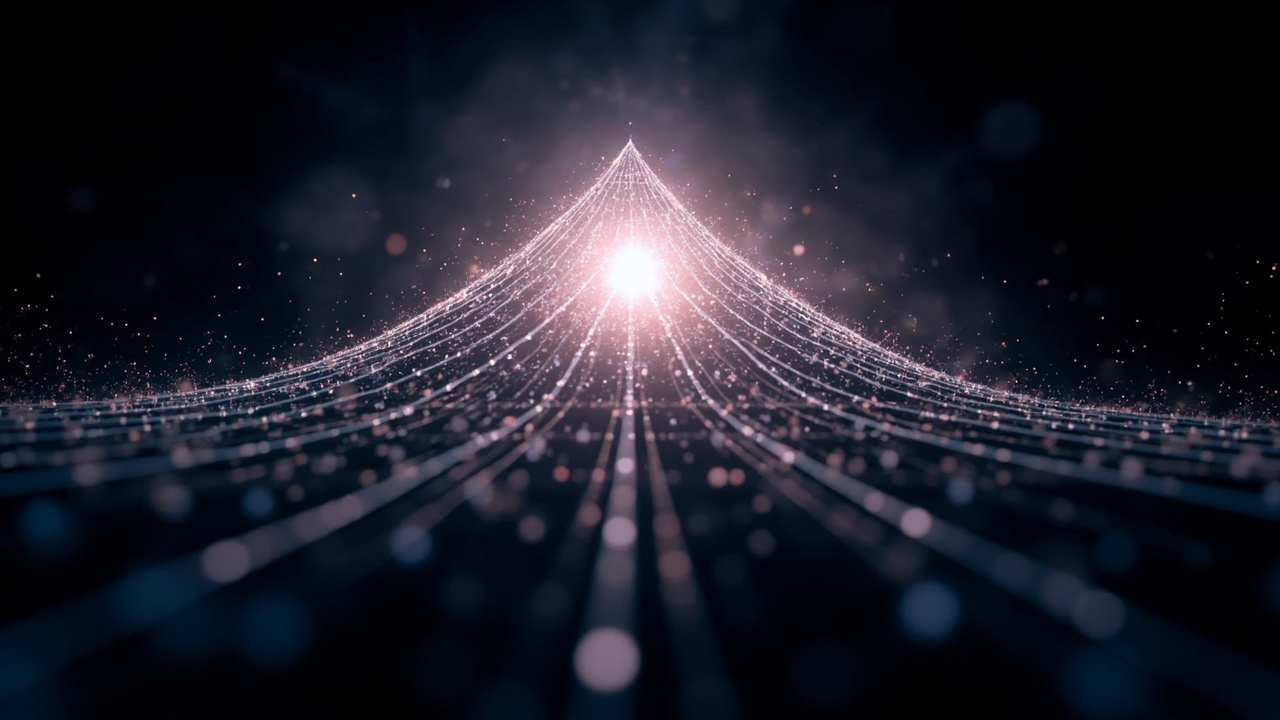 Imagen generada por IA con el prompt: Abstract 3D grid pyramid with a glowing wavefront of binary digits spreading outward from a bright origin, surrounded by scattered noise particles, dark background, editorial scientific style.