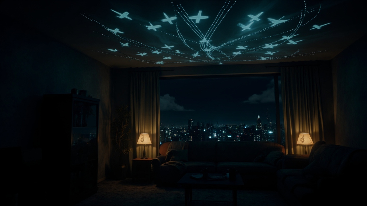 Imagen generada por IA con el prompt: Cozy dark living room at night, ceiling glowing with projected dots and trails of airplanes in flight paths, city skyline silhouette through a window, warm ambient lighting, data-art atmosphere