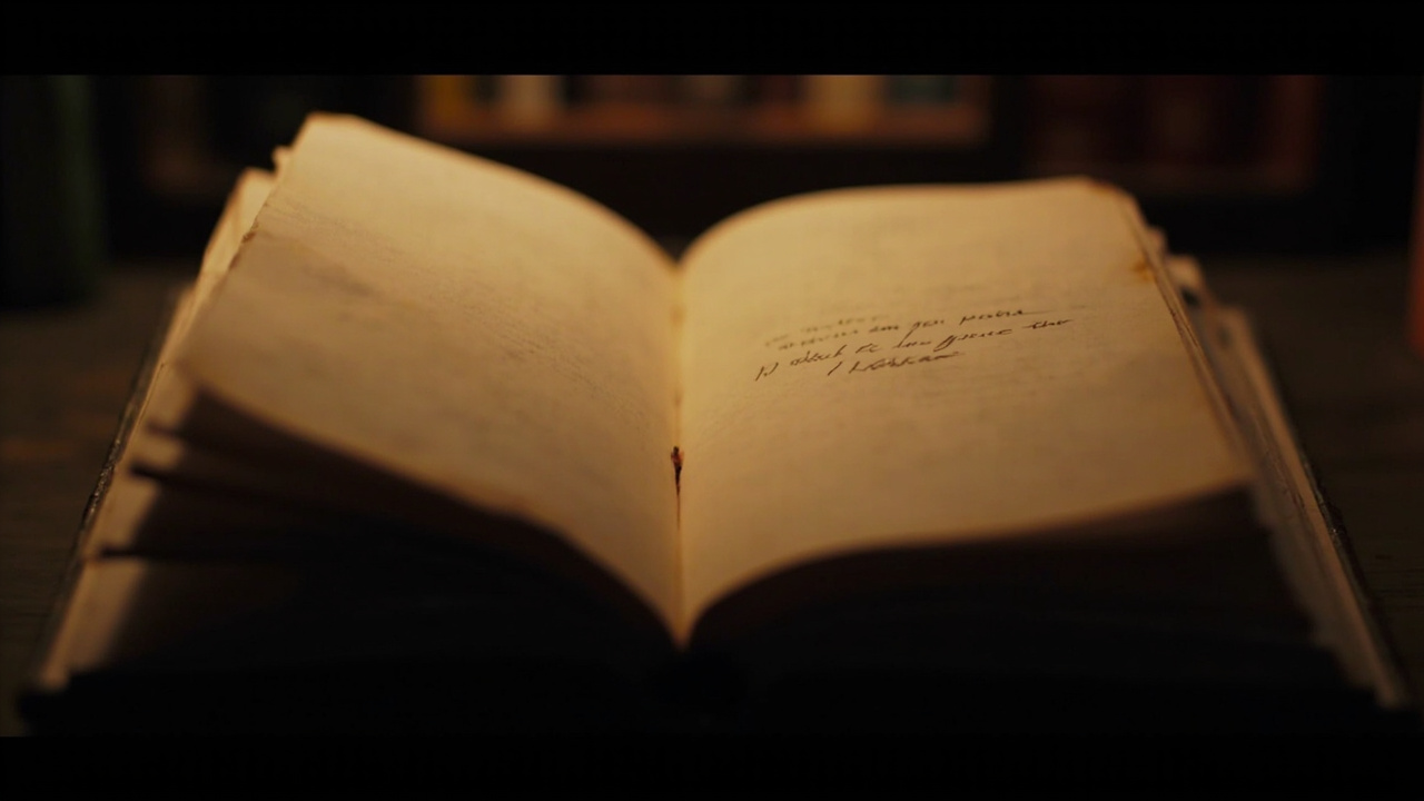 Imagen generada por IA con el prompt: An open hardcover book with handwritten dedication on its first page, warm lamplight illuminating aged paper, soft focus library background, intimate and contemplative mood