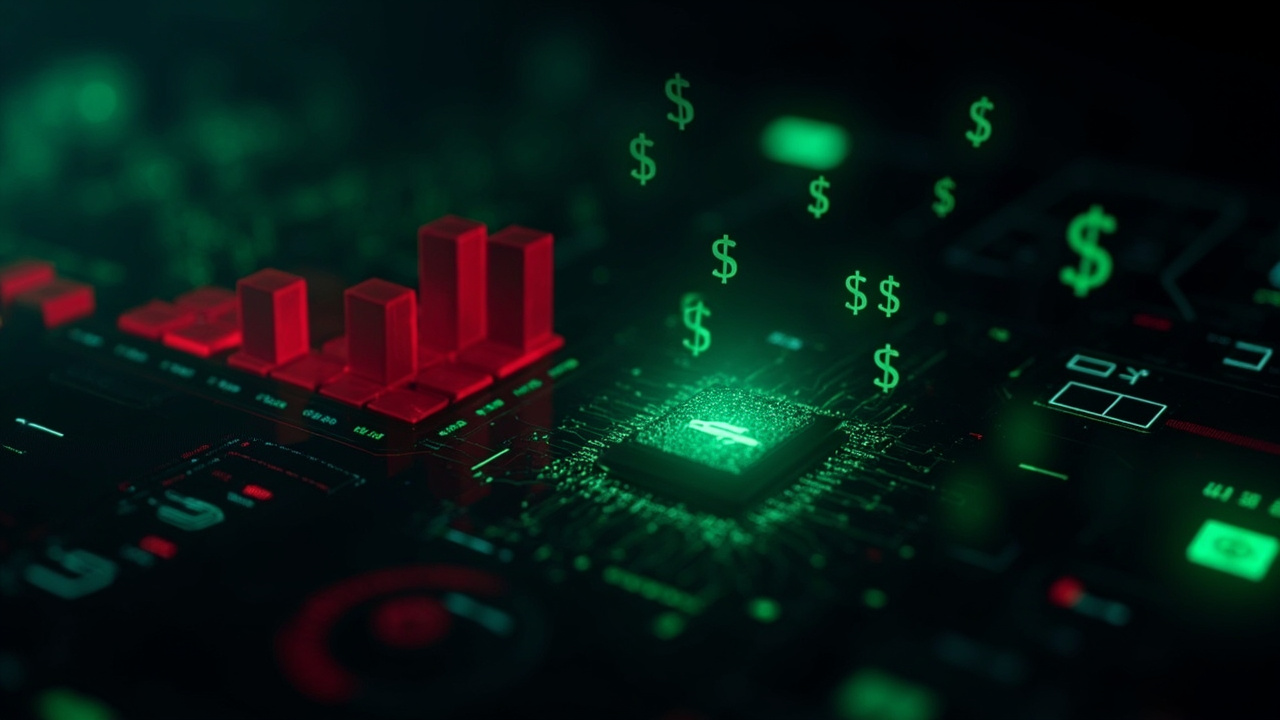 Imagen generada por IA con el prompt: Dark financial dashboard with descending red bar charts, glowing green microchip and server racks, dollar signs subtly floating, cyberpunk aesthetic, no logos or text