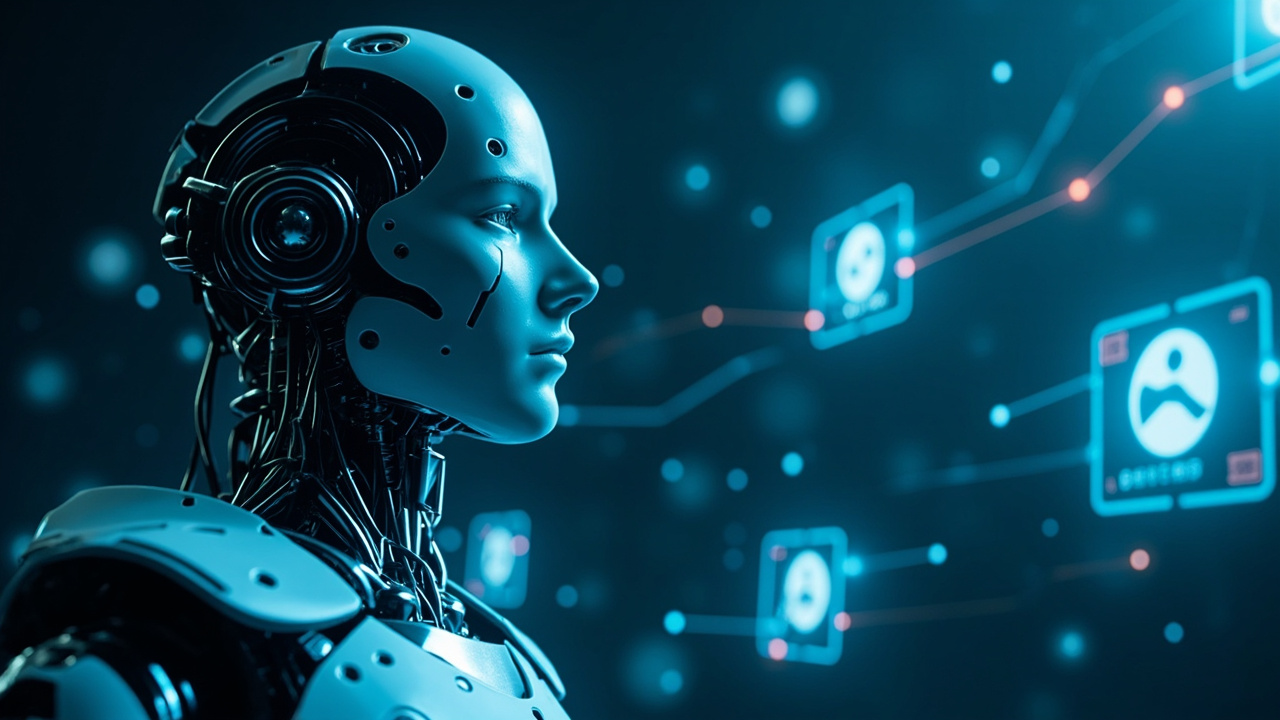Imagen generada por IA con el prompt: Stylized AI robot with glowing network lines connecting to floating abstract screens representing social media platforms, dark blue background, editorial illustration style, soft neon accents