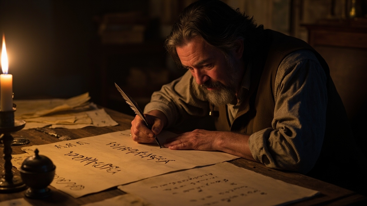 Imagen generada por IA con el prompt: Editorial illustration: a Cherokee silversmith at a wooden table inscribing syllabic symbols on parchment, quill in hand, warm candlelight, paper sheets scattered around, 19th-century setting, painterly style