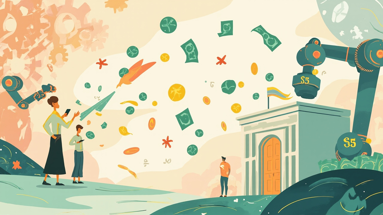 Imagen generada por IA con el prompt: Abstract editorial illustration: a circular flow of money and coins between citizens and a stylized government building, with robotic arms and gears in the background, soft pastel palette, flat design, no text or faces