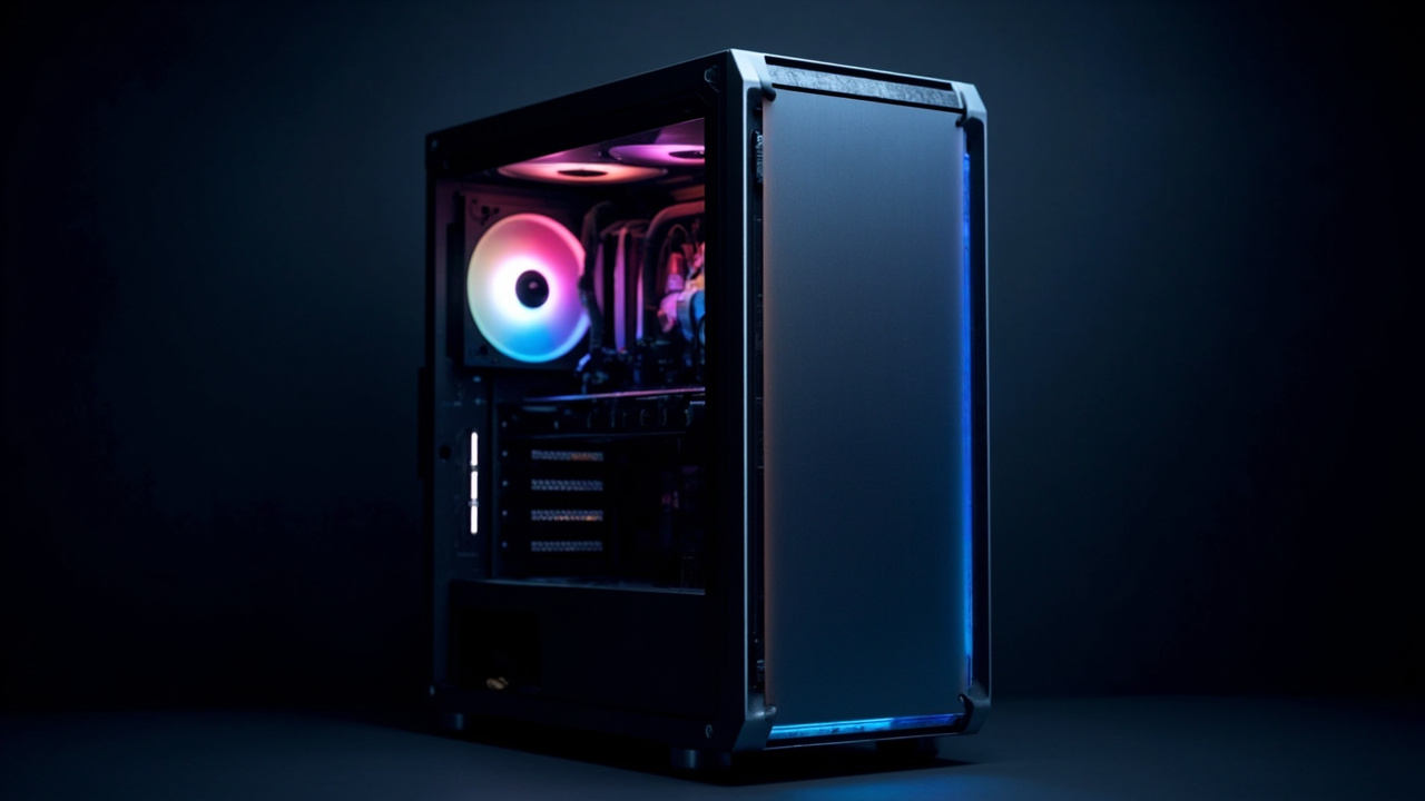 Imagen generada por IA con el prompt: Studio shot of sleek modern PC chassis with brushed steel finish and tempered glass panels, RGB-lit internal components glowing softly, dark ambient background, clean product photography style