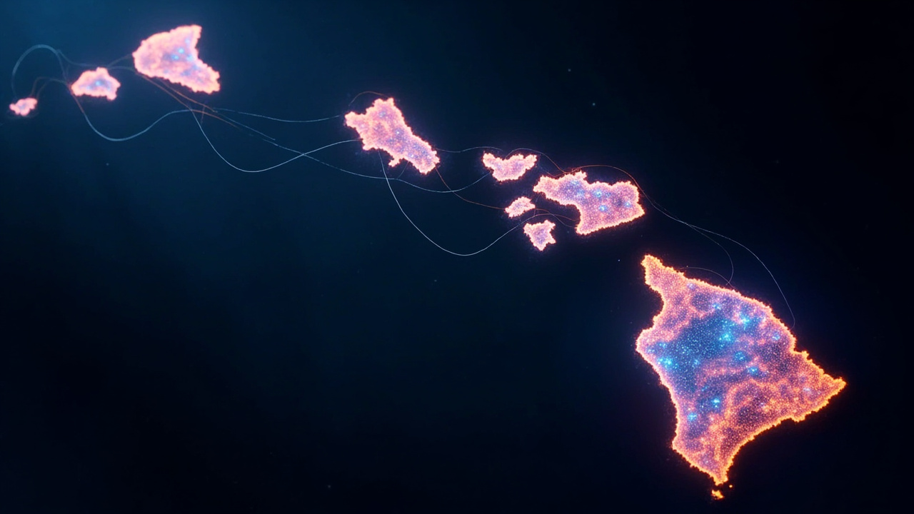 Imagen generada por IA con el prompt: Abstract visualization of overlapping radio signals between island nodes, colorful waveforms flowing across a stylized map of Hawai'i, clean technical illustration style, dark navy background with glowing data streams
