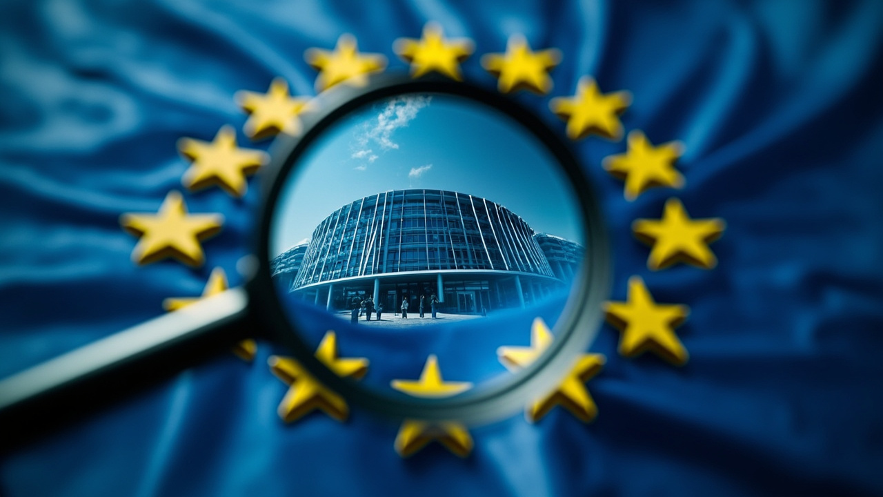 Imagen generada por IA con el prompt: European Parliament building facade with a magnifying glass hovering over a European flag pattern, digital privacy concept, blue and gold tones, editorial illustration style