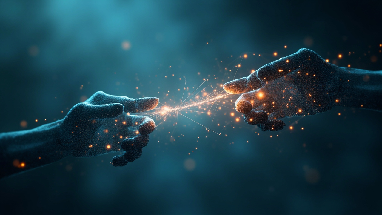 Imagen generada por IA con el prompt: Editorial illustration of two abstract user nodes merging into a single shared document tree, with intertwined glowing lines and geometric shapes, soft blue and amber palette, technical minimal style.