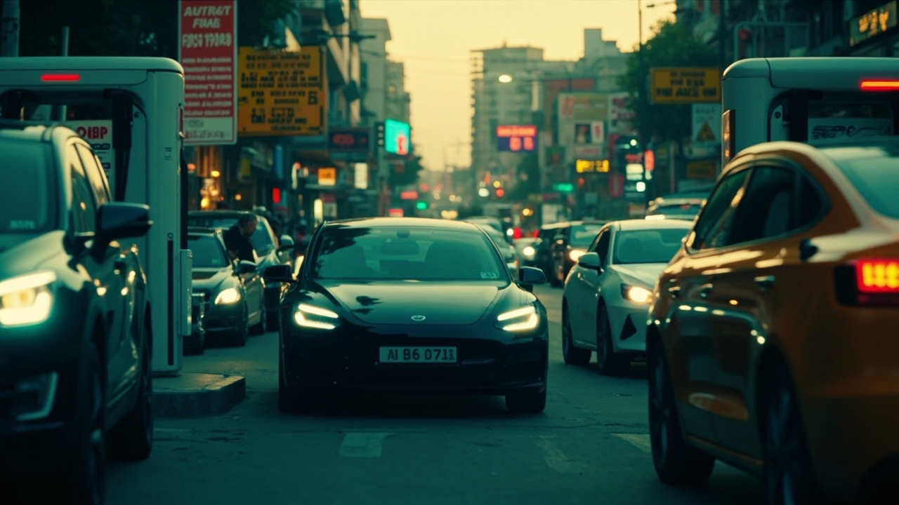 Imagen generada por IA con el prompt: Indian city street with electric cars at charging stations, fuel price board in background, modern vehicles, realistic editorial style, no people.